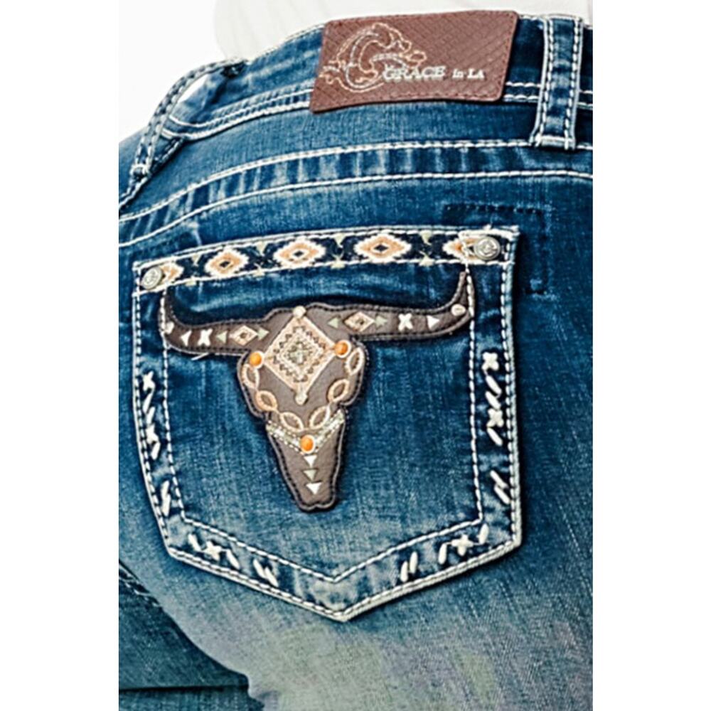 Grace in LA Women's Boot Cut Jeans - Dark Blue with Brown Patch